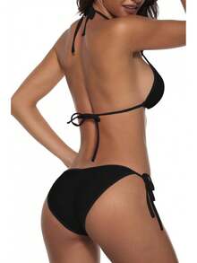 Women Two Piece Swimsuit Sexy Swimwear Halter String Triangle Bikini Sets - 黑色 - 查看 3