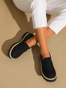 Black Round-Toe Thick-Soled Loafers, Elegant & Stylish, Multi Colors (Pink/Green) Available, For Daily & Party Wear, Great Mother's Day Gift - Black - View 14