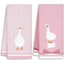 2pcs, Pink Striped Background Cute Duck Pattern Kitchen Towels, Soft And Absorbent, Reusable And Washable, Essential For Home Cleaning, Kitchen Accessories, Holiday Gift For Friends. - Multicolor - View 2