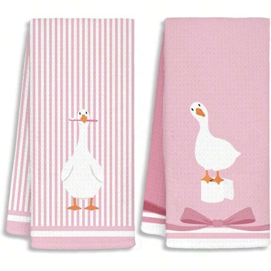 2pcs, Pink Striped Background Cute Duck Pattern Kitchen Towels, Soft And Absorbent, Reusable And Washable, Essential For Home Cleaning, Kitchen Accessories, Holiday Gift For Friends.