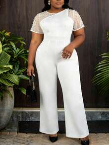 AOMEI Elegant Noble Luxury Plus Size Women White Fitted Jumpsuit Pearl Mesh Round Neck Short Sleeve High Waist Wide Leg Jumpsuit Elegant Party Graduation Wedding Guest Outfit - White - View 6