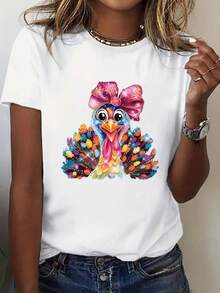 Camiseta de mujer de manga corta con estampado de pavo de colores y lazo rosa - perfectara el Día de Acción de Gracias y ocasiones festivas 220g - Blanco - Ver 2