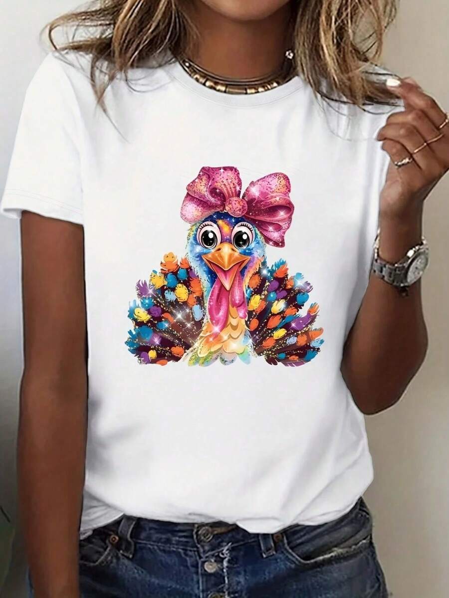 Camiseta de mujer de manga corta con estampado de pavo de colores y lazo rosa - perfectara el Día de Acción de Gracias y ocasiones festivas 220g