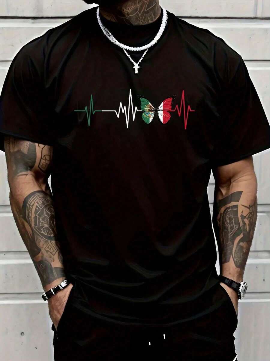 2026 Women's Blouses 100% Cotton, T-Shirt With Mexican Heart Design, Mexican Flag, Heartbeat, EKG, Pulse, Mexican Pride, Graphic T-Shirt For Women And Men - 綠色 - 查看 1