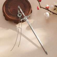 1pc Women's Silver Sword Hairpin With Jade Pendant, Minimalist Elegant Hair Accessory - Silver - View 4