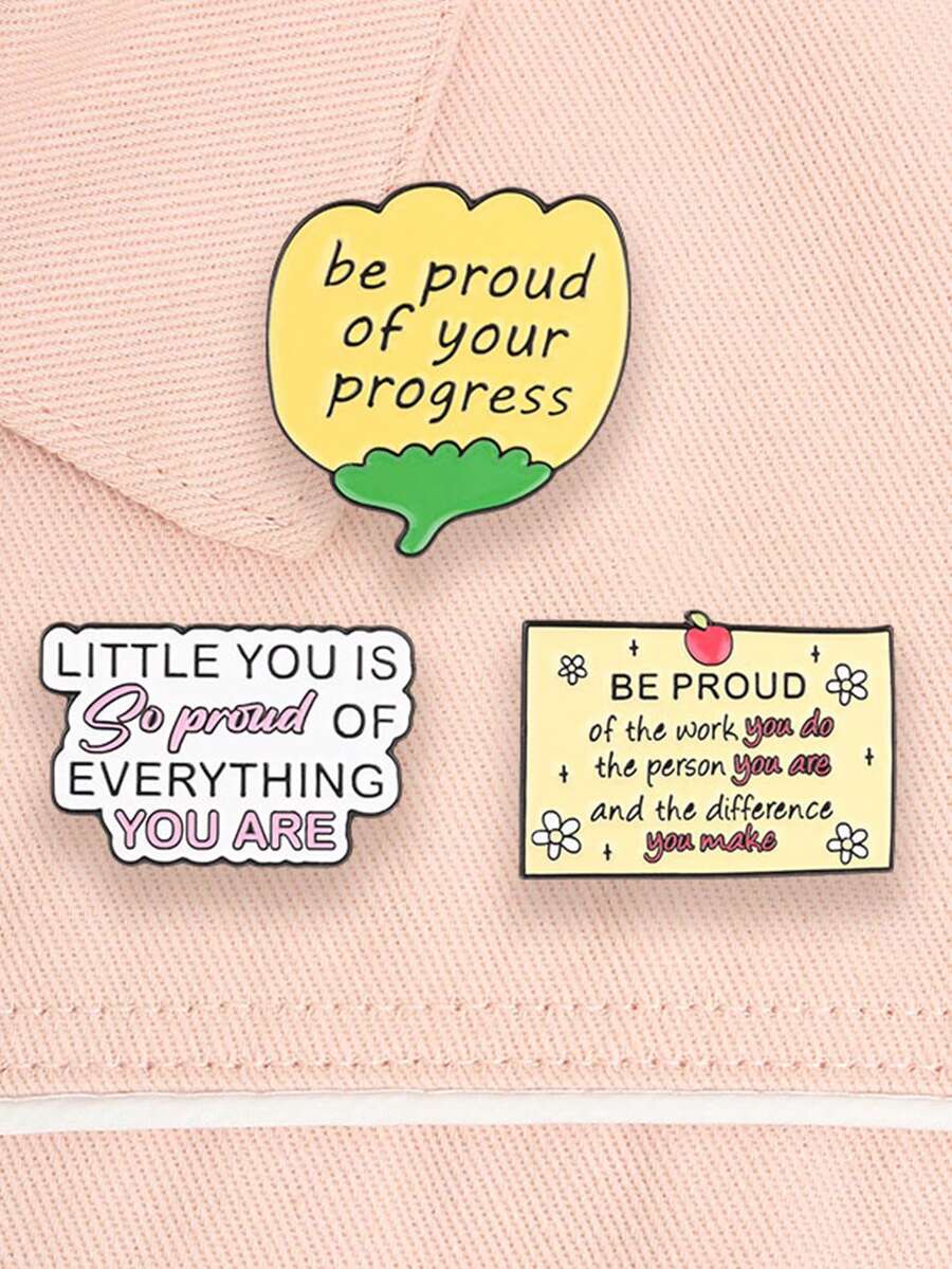 Be Proud Of Your Progress Metal Pin, Cartoon Style Floral Pattern Positive Affirmation Brooch, Collar Badge, Decorative Accessory, Self-Care Jewelry, Great Gift - Multicolor - View 1