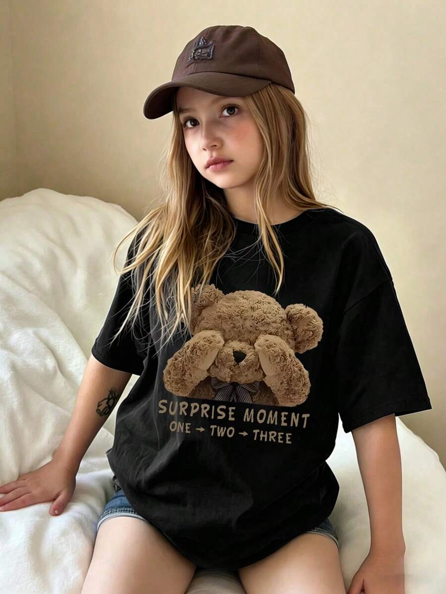 Tween Girls Casual Minimalist Cartoon Bear Graphic Logo Print Crew Neck Short Sleeve T-Shirt, New Spring/Summer Collection - Black - View 1
