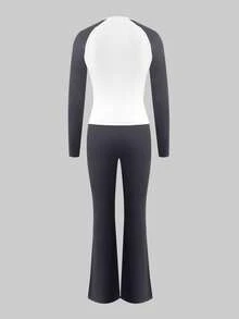 LovelyWholesale Women's Casual Round Neck Long Sleeve Colorblock T-Shirt With Waist Ruffle Flare Pants Set, Suitable For Spring/Fall Wear,Women's Outfit - Dark Grey - View 8
