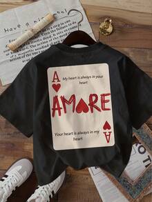 1 Pcs Elegant Casual 100% Cotton Short Sleeve T-Shirt, Retro Poker Heart Amore Graphic, Women's Daily Wear For Airport And Brunch - Black - View 1