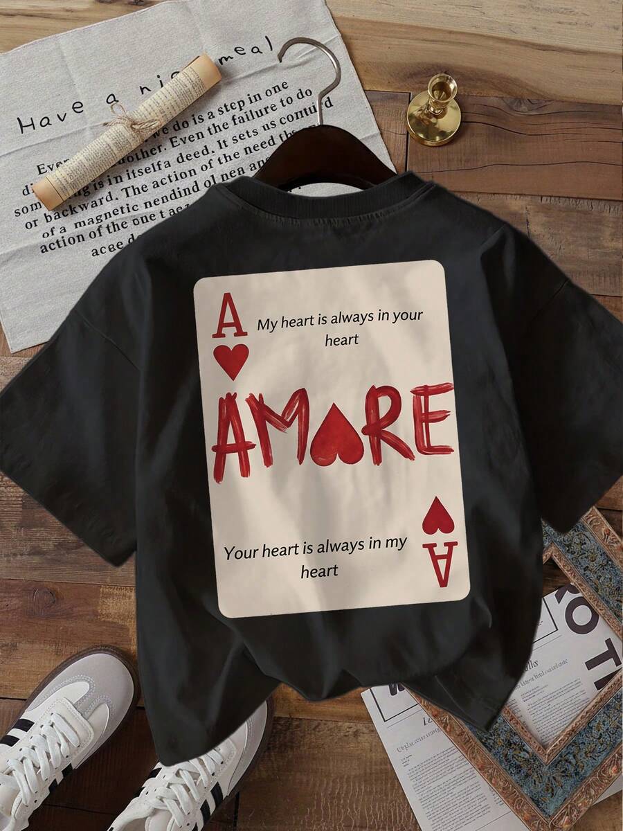 1 Pcs Elegant Casual 100% Cotton Short Sleeve T-Shirt, Retro Poker Heart Amore Graphic, Women's Daily Wear For Airport And Brunch - Black - View 1