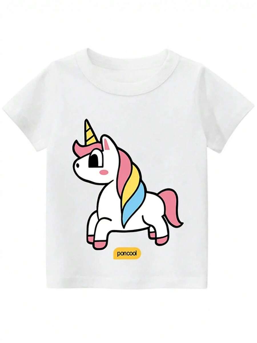 Camiseta gráfica de unicornio cómoda y casual para niñas (4-7) - Blanco - Ver 1
