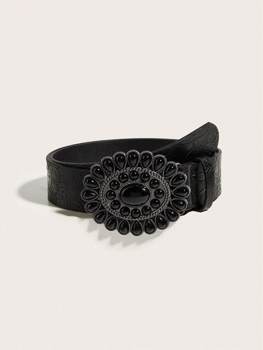 1pc Women's Turquoise Round Buckle Coffee Velvet Waist Belt, Suitable For Daily Use - Black - View 1