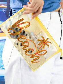 彩色大容量防水收納袋，印有椰子樹「BEACH」圖案，游泳袋，海灘主題，大容量透明化妝袋，輕量，春/夏收納，非常適合游泳、海灘、潛水和夏季度假，學生返校，輕量防曬收納袋，適合朋友、家人、女朋友和同學。生日、節日、派對、婚禮（伴娘）、教師節禮物，返校季節 - 彩色 - 查看 6