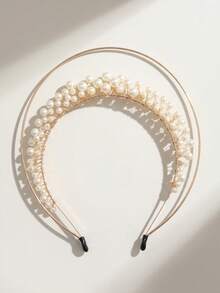 1pc Elegant Faux Pearl Decor Double Layer Halo Headband, Gold Wire Wrapped Angel Crown Bridal Tiara Hair Accessory For Wedding Masquerade Prom Party - Gold - View 9