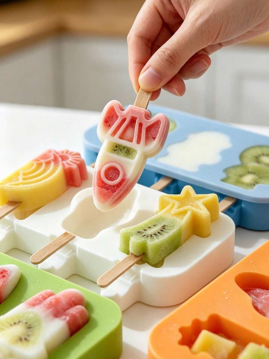 1set Space Shape Silicone Popsicle Mold, Durable Reusable With Lid For Summer Frozen Dessert, Rainbow Meteor 3-Cavity Design, DIY Craft Home Decor Handmade Gift, Valentine's Day Mother's Day Christmas - Green - View 1