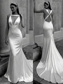 Basrey Elegant Knit Fabric Sleeveless Deep V-Neck Backless Zipper Detail Fitted Long Bridesmaid Dress Wedding White - White - View 7