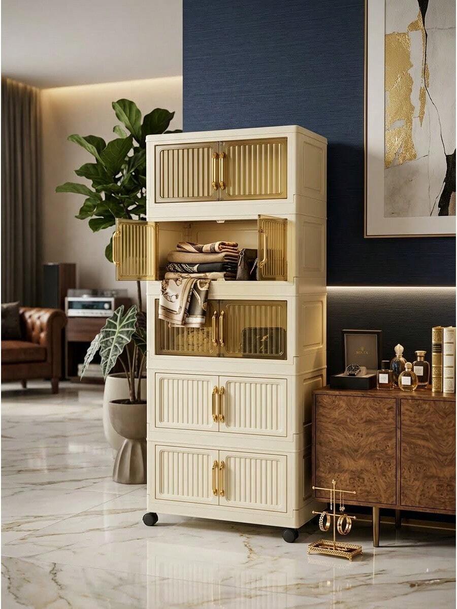 5-TierFoldable Storage Cabinet, Space-Saving Organizer Shelf For Bedroom, Living Room, Kitchen & Bathroom - White 5-layer - View 1