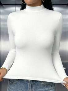 女款休閒立領修身長袖T恤，適合日常穿著、秋冬、外出，白色上衣 - 白色 - 查看 3
