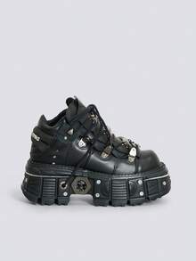 Thick Sole Height-Increasing Soft Bottom Ankle Boots For Women, Black Round Toe Lace-Up Metal Flat Ankle Boots, Punk Style Sports Casual Shoes, Halloween Y2K Style Sneakers - Black - View 6