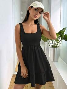 Women's Solid Color Vest Dress With Spliced Design - Black - View 6