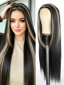 26 Inch Brown Highlighted Synthetic Straight Wig, No Bangs. Natural Machine-Made Straight Wig. Suitable For Women's Everyday Wear, Parties, And Holidays. (Hair Color: Multiple Colors Available), Halloween - Multicolor - View 16