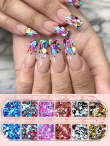 12 Raster/Box Holografische runde Pailletten Nageldekoration schillernde funkelnde runde Flocken für Blumenblütenmuster DIY Salon Maniküre Designs, ideal für Dates, Hochzeiten, Urlaub und tägliche Nagelkunst Zubehör Nagelbedarf Nagelcharms - Verschiedenfarbig - Übersicht 5