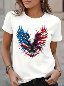 Camiseta de mujer de manga corta con cuello redondo y estampado de bandera de águilara uso casual en el Día de la Independencia, de tela cómoda y adecu para regalar, 220g - Blanco - Ver 2