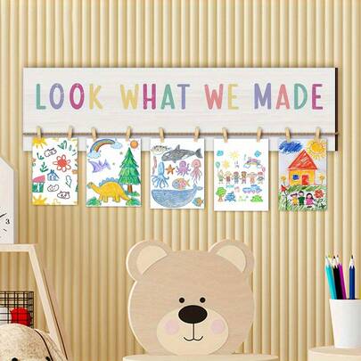 A Set Of Art Display Items, Including Wooden Signs I Made, An Art Photo Display Wall With Clips, A Sturdy Hanging Panel For Wall Decoration, And Decorative Signs For Bedroom And Classroom Decor.