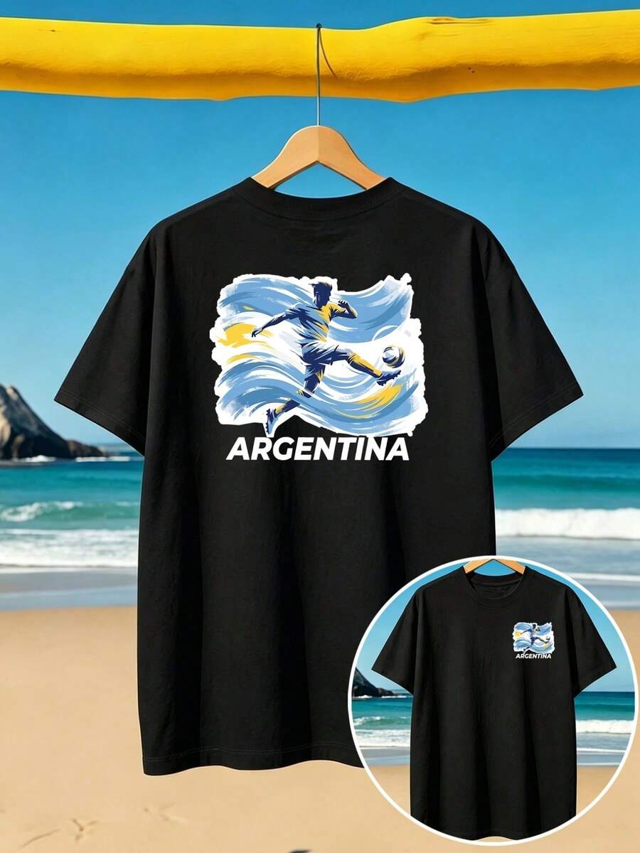 Women's Casual Short Sleeve T Shirt,Argentine Football Player Print,Soft Short Sleeves,Front And Back Neckline Design,Loose-Fitting Round-Neck Vacation Top,Machine Washable,Spring And Summer Women's Tops. - Black - View 1