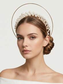1pc Elegant Faux Pearl Decor Double Layer Halo Headband, Gold Wire Wrapped Angel Crown Bridal Tiara Hair Accessory For Wedding Masquerade Prom Party - Gold - View 8