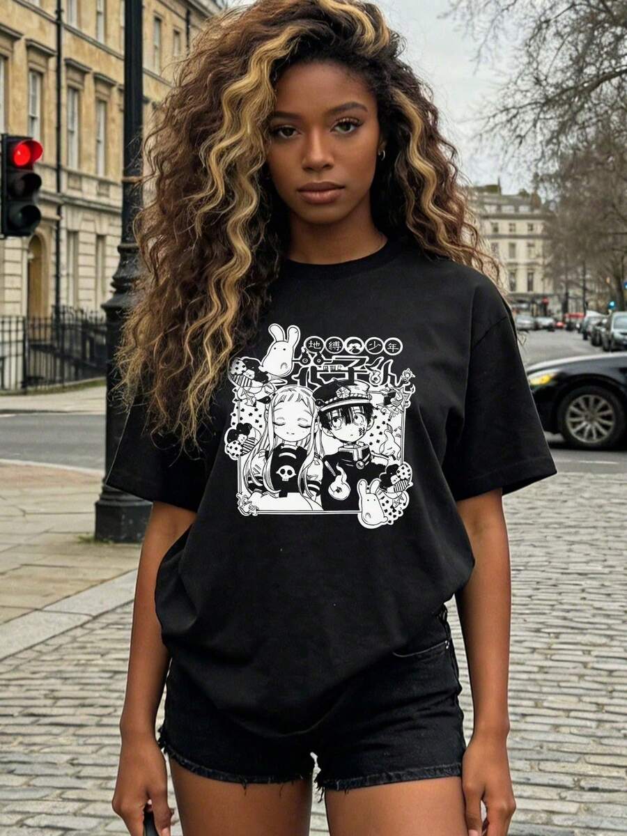 Ropa de Mujer a la Moda Camiseta de manga corta con cuello redondo suave y casual de verano para mujer, tops para salir, algodón, antiguo, vintage estilo callejero europeo y Estadounidense c - Negro - Ver 1