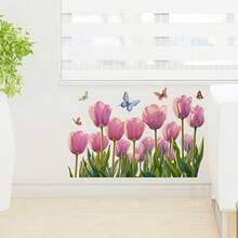 1/3/5pcs Watercolor Pink Tulip Butterfly Wall Window Decal, Self-Adhesive Removable Waterproof Vinyl Sticker For Living Room Bedroom Bathroom Baseboard Glass Door Window. Easy Peel And Stick DIY Wall Art For Home Decor. - Multicolor - View 5