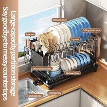 Kusuxva This Double-Layer Metal Kitchen Countertop Dish Rack Is Space-Saving And Durable. It Comes With A Knife And Fork Holder, Cup Holder, Cutting Board Holder, And Rust-Proof Drain Tray. Kitchen Storage Items Help You Keep Your Kitchen Neat And Organized. - 黑色 - 查看 2