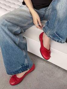 2026 Spring/Summer New Women's Bow Decor Ballet Flats - Red - View 2