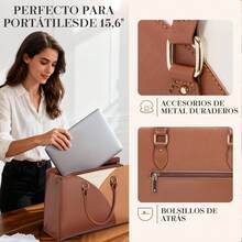Women's Waterproof Tricolor PU Leather Office Tote Bag, Fits 15.6" Laptop, Detachable Strap, Stylish Design, Ideal For Office, Meetings, Shopping, Air Travel And Everyday Use - 棕色 - 查看 5