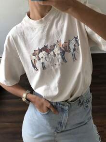 Short-Sleeved T-Shirt With Round Neck And Horse Print - White - View 1