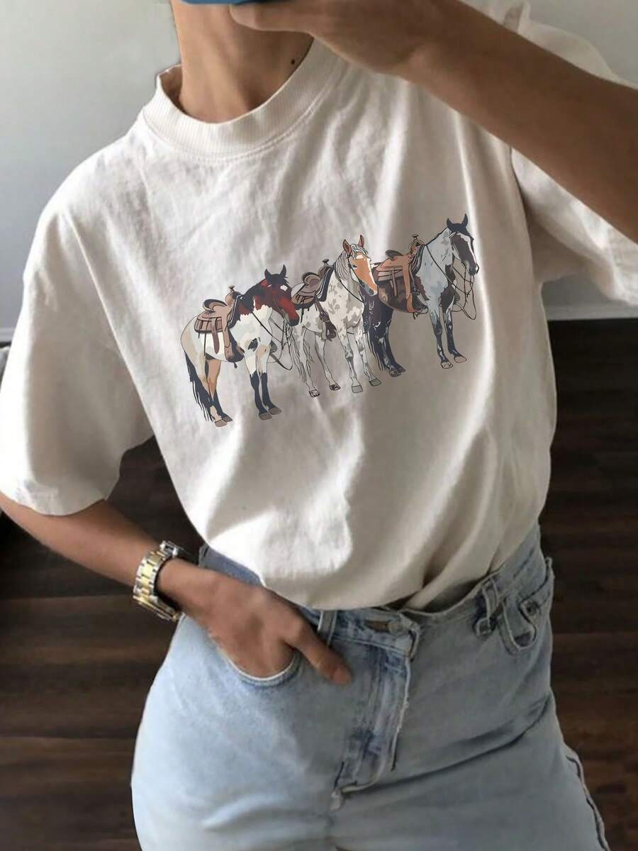 Short-Sleeved T-Shirt With Round Neck And Horse Print - White - View 1