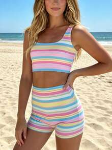 2026 Spring/Summer New Retro Simple Striped Top Two-Piece Set Travel Beach Vacation Clothes Striped Outfits Matching Tube Top Wide Leg Lounge Pants - 彩虹色 - 查看 6