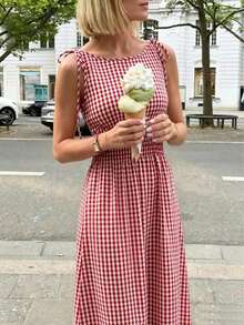 Elegant Women's Plaid Versatile Casual/Vacation/Checkered A-Line Square Neck Midi Dress Summer - Red - View 2