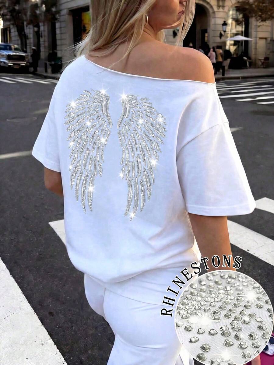 Áo thun nữ dáng rộng oversize bất đối xứng đính đá cánh thiên thần, phong cách Y2K in họa tiết, màu trắng, mặc thường ngày - trắng - Xem 1