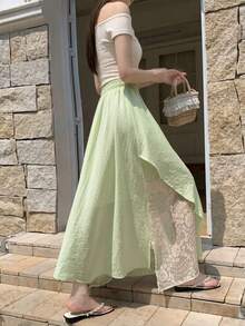 Asymmetrical Lace Patchwork High Waist Slimming Elegant Versatile A-Line Long Skirt For Women, Summer 2026 New Style - Lime Green - View 5
