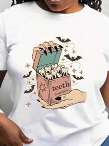 Pure Cotton T-Shirt Printed With Creepy Teeth For Halloween, Gag Gift For Dentists Or Halloween, Rare And Creepy T-Shirt For Horror Lovers. - 白色 - 查看 1