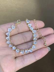 LADYCOCO 1件時尚優雅立方鋯石心形閃亮手工鏈條手鍊，適合女性日常配戴 - 金色 - 查看 2