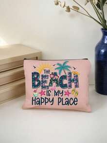"Beach Is My Happy Place" Tropical Beach Theme Zipper Makeup Bag For Women, Portable Travel Toiletry Bag Organizer For Cosmetics And Toiletries, 6 Colors Available, Portable Organizer Bag, Beach Bag, Travel Bag, Travel Makeup Bag, Summer Vacation Accessory And Back To School Gift, Perfect For Birthday, Thanksgiving - Multicolor - View 11