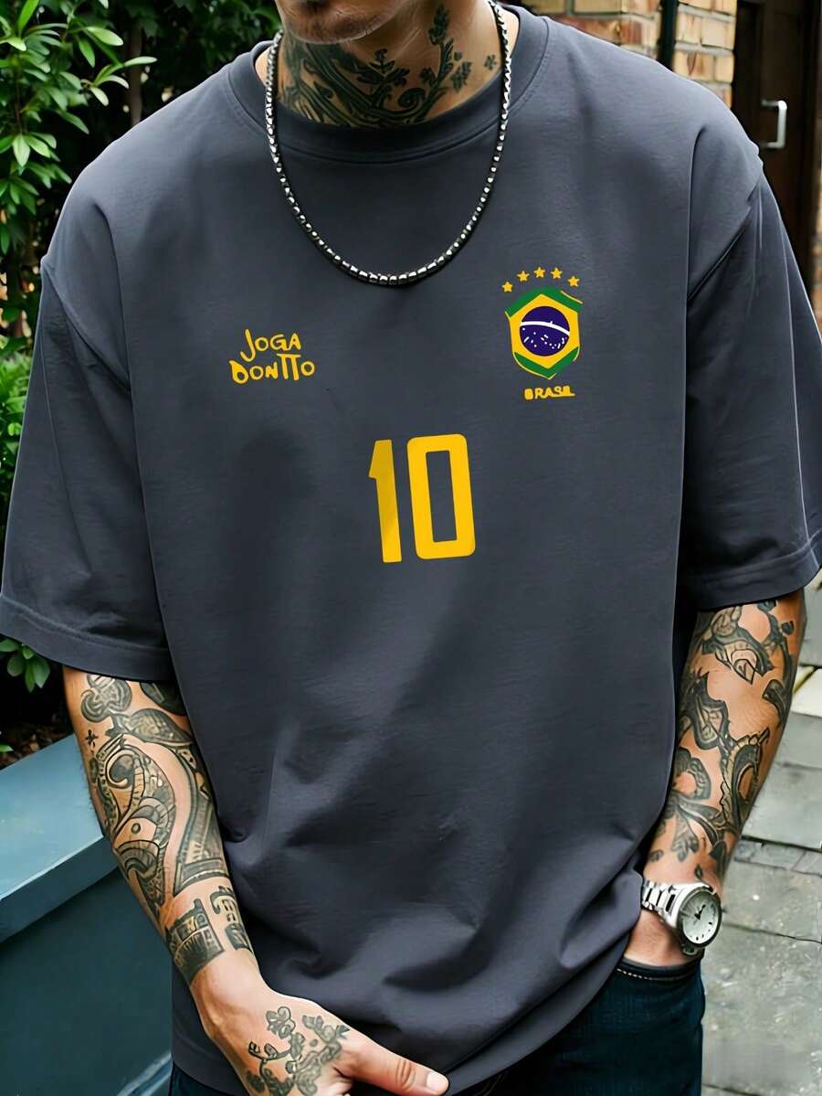 Camiseta gráfica para hombre, jersey retro de fútbol de Brasil - Legendario número 10, atuendo casual de fanático del fútbol, camiseta de fútbol, tela de punto transpirable 100% poliéster, d - Gris Oscuro - Ver 1