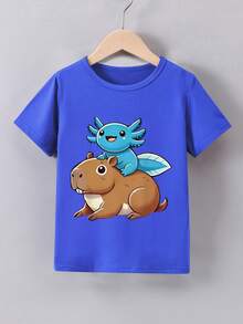 Camiseta de manga corta para niñas con estampado "Axolotl montando un capibara" para el verano - Negro - Ver 6