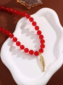 1pc Vintage Bohemian Style Exaggerated Handmade Acrylic Beaded Marine Life Flower Conch Fish Sun Pendant Necklace Set, Suitable For Women's Daily Wear, Beach Vacation, Date, Birthday Gift - Red - View 3