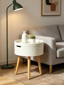 1 pièce Table de chevet rotative ronde, table en bois massif à trois pieds du sol au plafond, petite table basse de rangement à côté du lit de la chambre. - Blanc - Voir 4