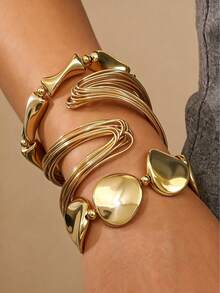 3pcs Fashionable Asymmetrical Exaggerated Design Women Bracelet & Bangle Set, Suitable For Daily Wear, Party, Gift, Jewelry (2 Bracelets Are Plastic Material) - Multicolor - View 1