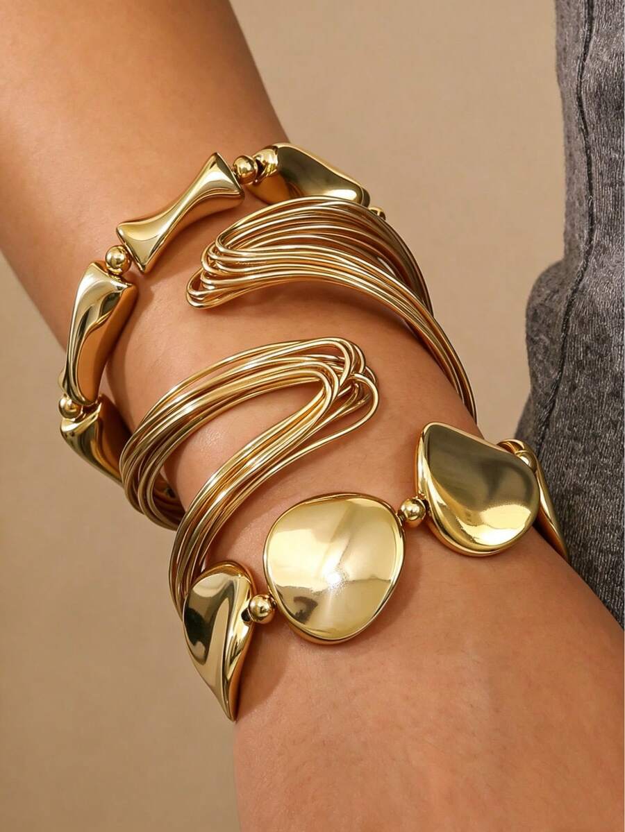3pcs Fashionable Asymmetrical Exaggerated Design Women Bracelet & Bangle Set, Suitable For Daily Wear, Party, Gift, Jewelry (2 Bracelets Are Plastic Material) - Multicolor - View 1